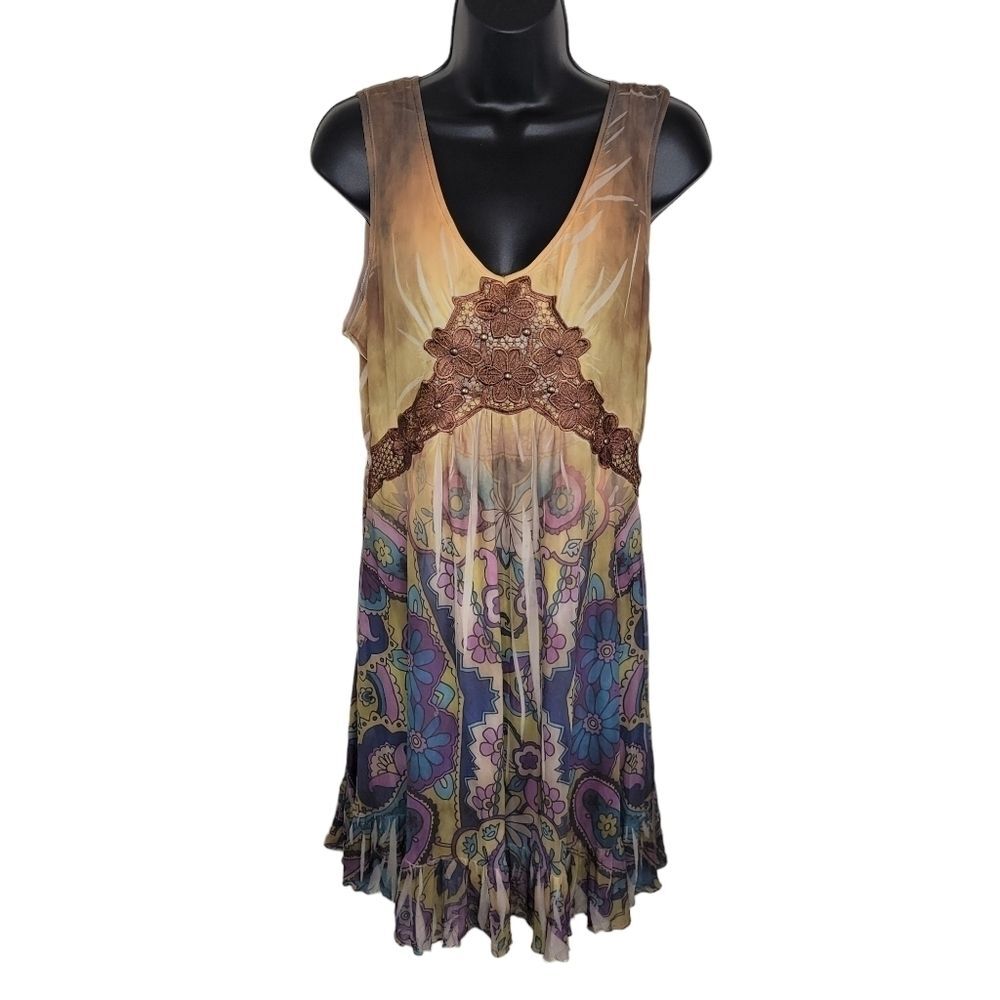 One World Bohemian sleeveless mesh floral applique dress Medium
